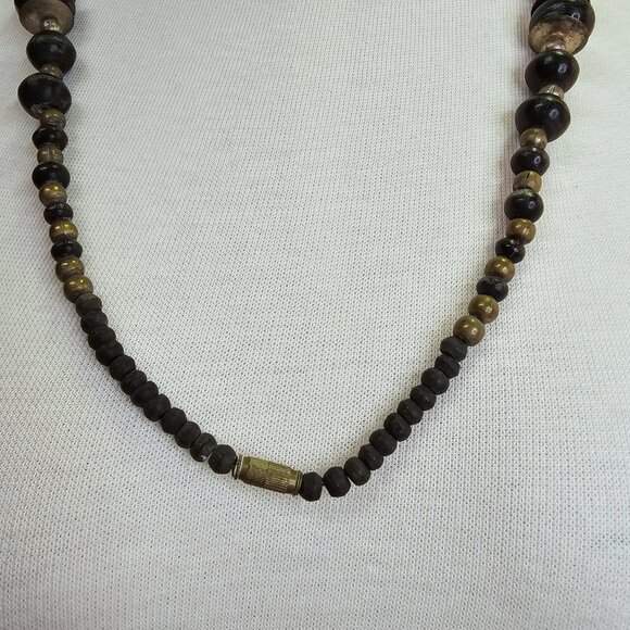 Vintage Chunky Dark Wood & Metal Bead Necklace - Picture 4 of 8